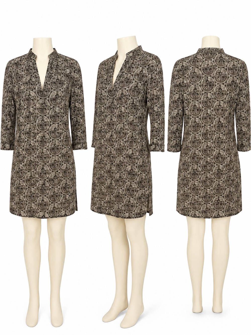 Tory Burch Elephant Print Cotton Tunic Dress Brown Ivory 3/4 Sleeve. Lightweight